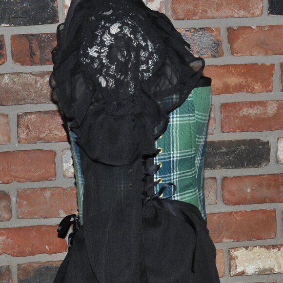 New Reversible Green Plaid & Denim Side & Back Lace-up Corset Bustier Top M - Picture 3 of 13